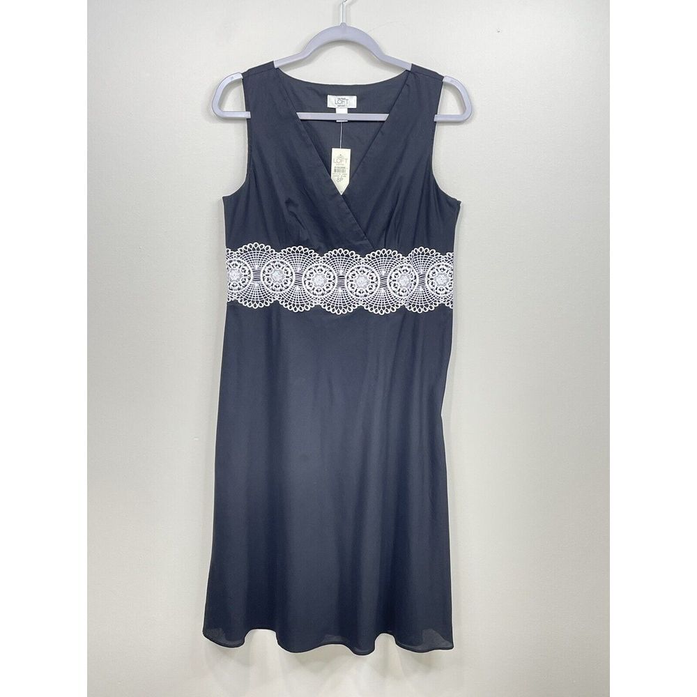 Loft Black A-Line Drop Waist Cocktail Dress  White Embossed‎ Sleeveless 8P. $99